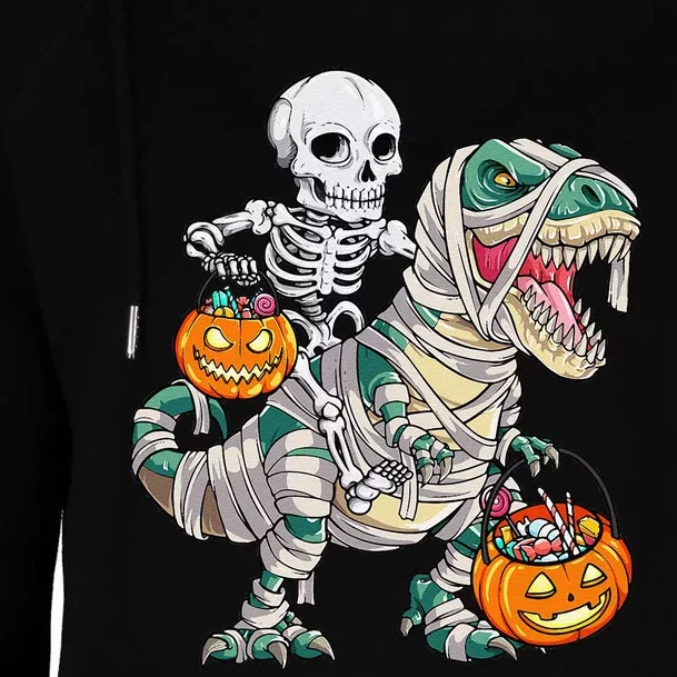 Skeleton Riding Mummy Dinosaur T Rex Halloween Funny Pumpkin Womens Funnel Neck Pullover Hood