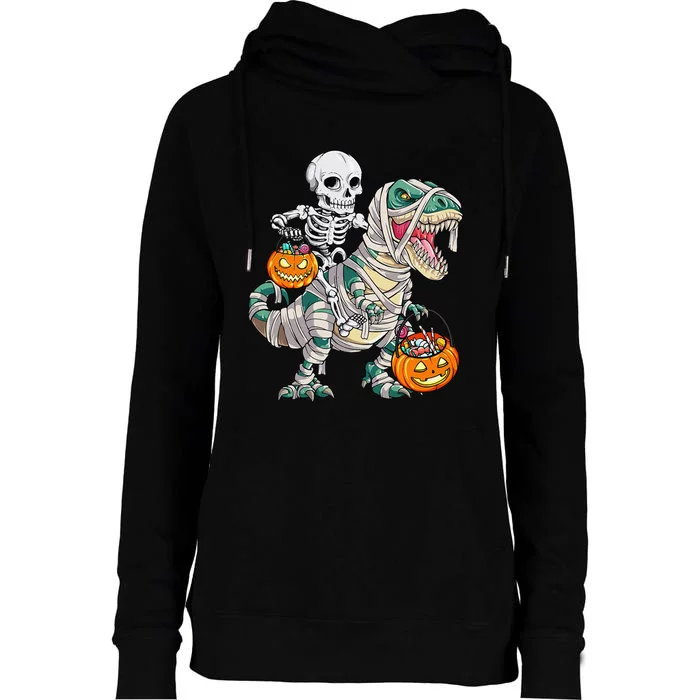 Skeleton Riding Mummy Dinosaur T Rex Halloween Funny Pumpkin Womens Funnel Neck Pullover Hood