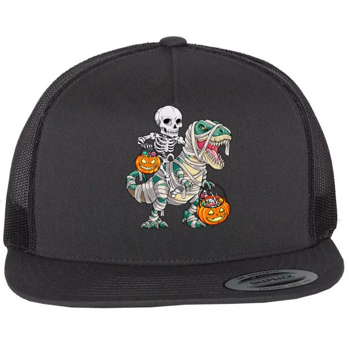 Skeleton Riding Mummy Dinosaur T Rex Halloween Funny Pumpkin Flat Bill Trucker Hat