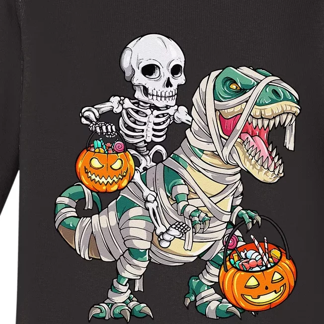 Skeleton Riding Mummy Dinosaur T Rex Halloween Funny Pumpkin Baby Long Sleeve Bodysuit