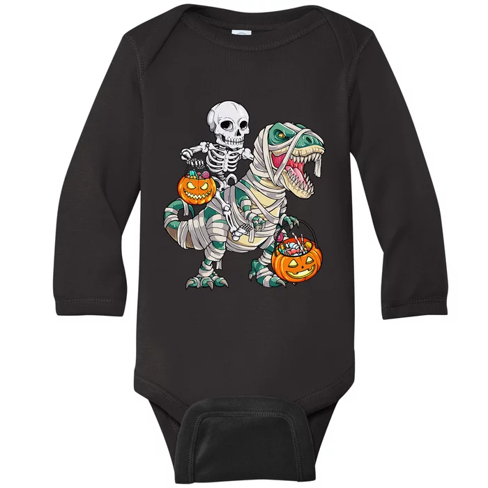 Skeleton Riding Mummy Dinosaur T Rex Halloween Funny Pumpkin Baby Long Sleeve Bodysuit