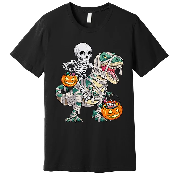 Skeleton Riding Mummy Dinosaur T Rex Halloween Funny Pumpkin Premium T-Shirt