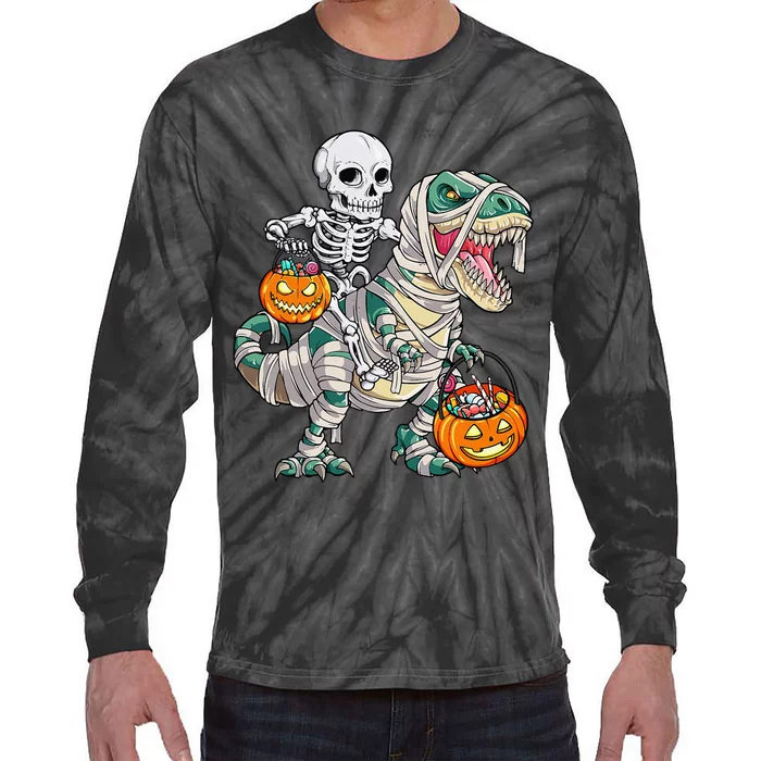 Skeleton Riding Mummy Dinosaur T Rex Halloween Funny Pumpkin Tie-Dye Long Sleeve Shirt