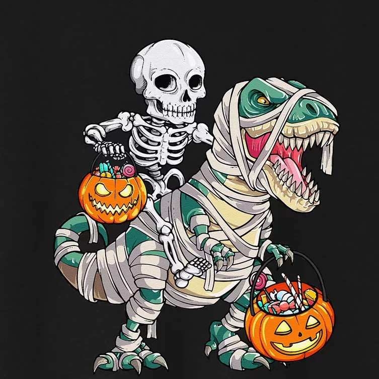 Skeleton Riding Mummy Dinosaur T Rex Halloween Funny Pumpkin Women's Crop Top Tee