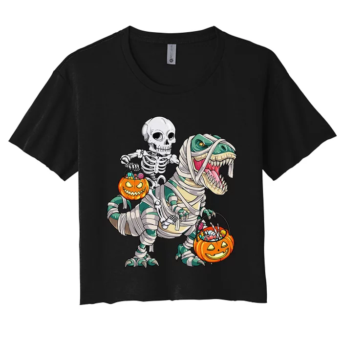 Skeleton Riding Mummy Dinosaur T Rex Halloween Funny Pumpkin Women's Crop Top Tee