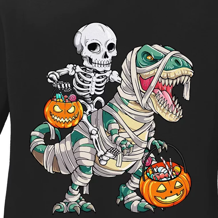 Skeleton Riding Mummy Dinosaur T Rex Halloween Funny Pumpkin Ladies Long Sleeve Shirt