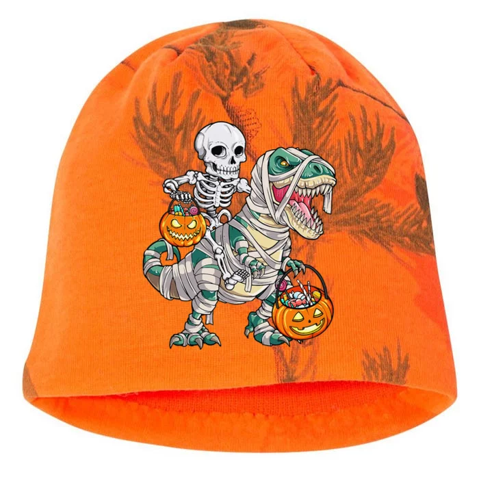 Skeleton Riding Mummy Dinosaur T Rex Halloween Funny Pumpkin Kati - Camo Knit Beanie