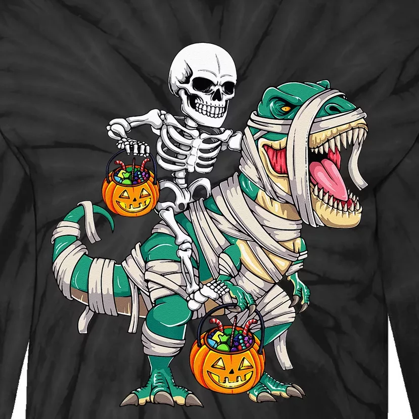 Skeleton Riding Mummy Dinosaur T Rex Kids Funny Halloween Tie-Dye Long Sleeve Shirt