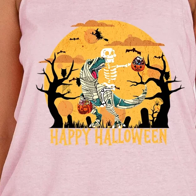 Skeleton Riding Mummy Dinosaur T Rex Halloween Funny Pumpkin Great Gift Women's Knotted Racerback Tank