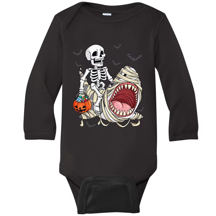 Skeleton Riding Mummy Shark Funny Halloween Pumpkin Kids Baby Long Sleeve Bodysuit