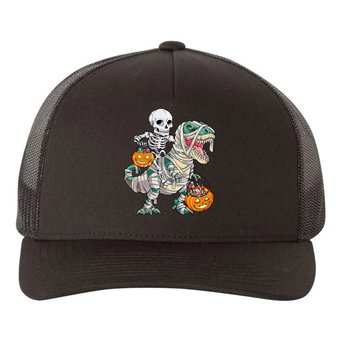 Skeleton Riding Mummy Dinosaur T Rex Halloween Funny Pumpkin Yupoong Adult 5-Panel Trucker Hat