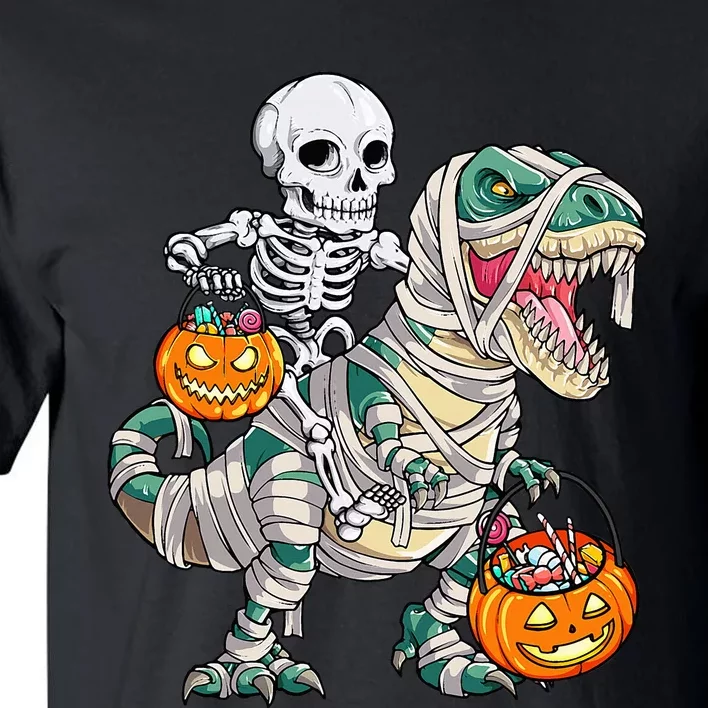 Skeleton Riding Mummy Dinosaur T Rex Halloween Funny Pumpkin Tall T-Shirt