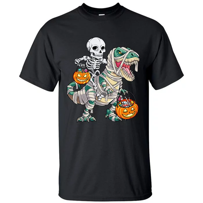 Skeleton Riding Mummy Dinosaur T Rex Halloween Funny Pumpkin Tall T-Shirt