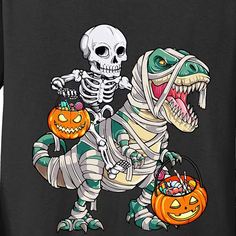 Skeleton Riding Mummy Dinosaur T Rex Halloween Funny Pumpkin Kids Long Sleeve Shirt