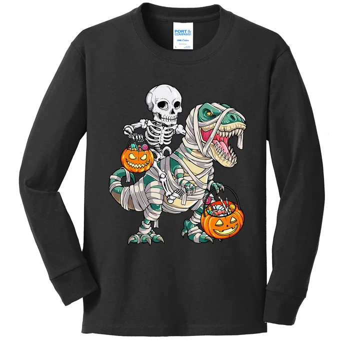 Skeleton Riding Mummy Dinosaur T Rex Halloween Funny Pumpkin Kids Long Sleeve Shirt