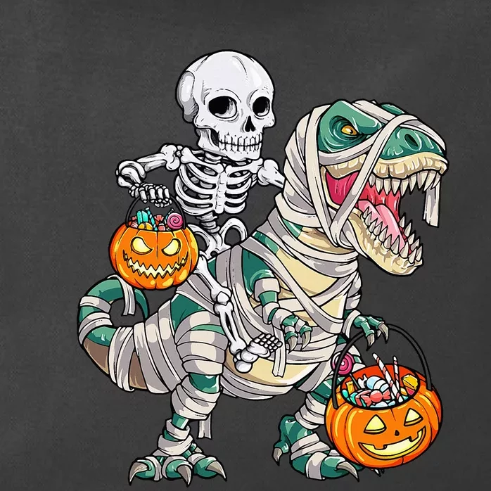 Skeleton Riding Mummy Dinosaur T Rex Halloween Funny Pumpkin Zip Tote Bag