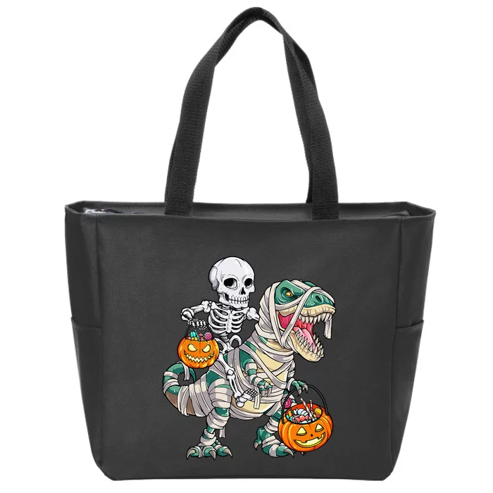 Skeleton Riding Mummy Dinosaur T Rex Halloween Funny Pumpkin Zip Tote Bag