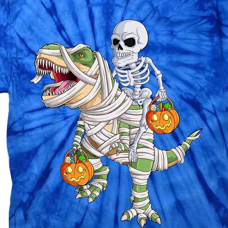 Skeleton Riding Mummy Dinosaur T Rex Halloween Funny Pumpkin Funny Gift Tie-Dye T-Shirt