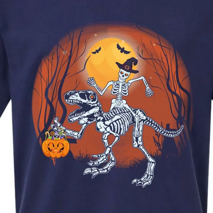 Skeleton Riding Mummy Dinosaur T Rex Halloween Funny Pumpkin Meaningful Gift Sueded Cloud Jersey T-Shirt