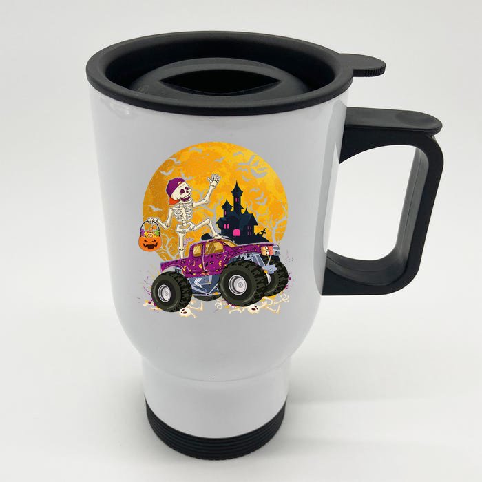 Skeleton Riding Monster Truck Halloween Costume Matching Front & Back Stainless Steel Travel Mug