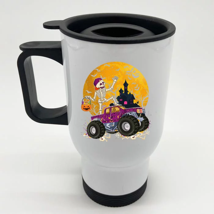 Skeleton Riding Monster Truck Halloween Costume Matching Front & Back Stainless Steel Travel Mug