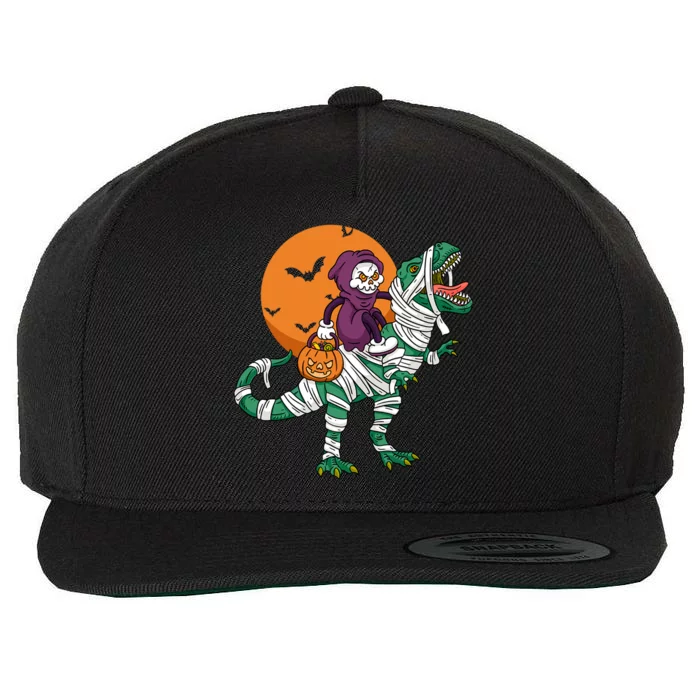 Skeleton Riding Mummy Dinosaur T Rex Halloween Spooky Cool Gift Wool Snapback Cap