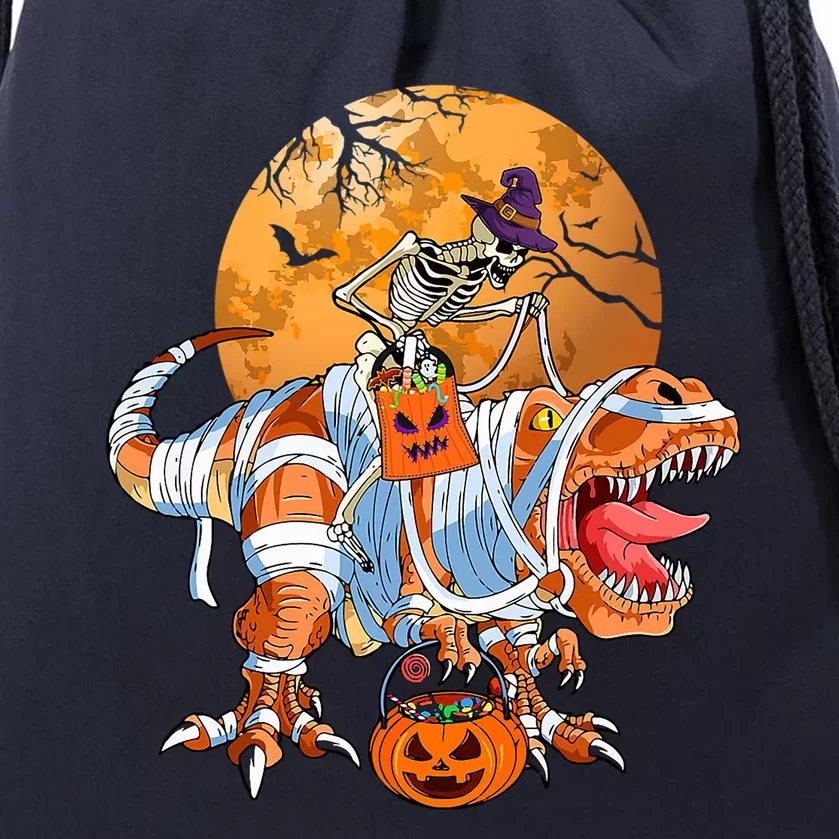 Skeleton Riding Mummy TRex Funny Halloween Dinosaur Gift Drawstring Bag