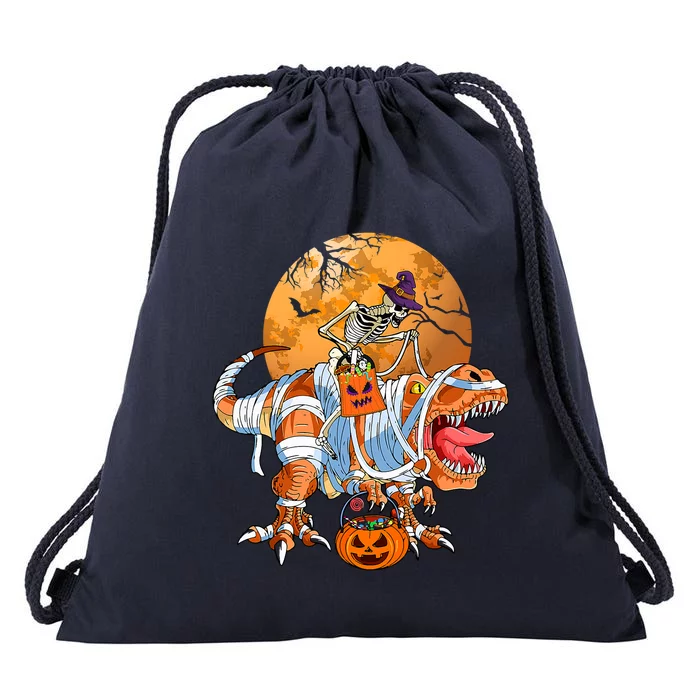 Skeleton Riding Mummy TRex Funny Halloween Dinosaur Gift Drawstring Bag