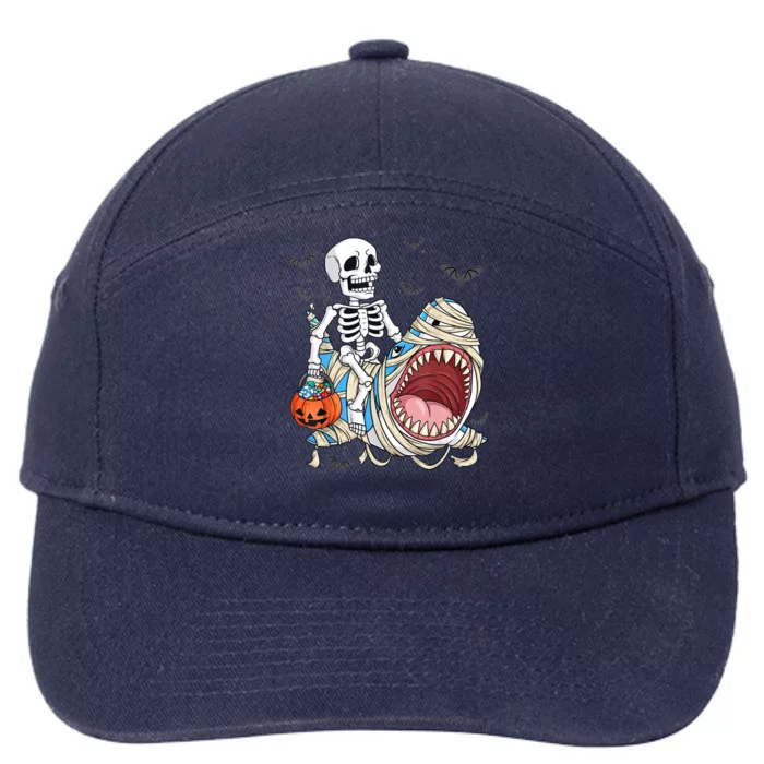 Skeleton Riding Mummy Shark Funny Halloween Pumpkin 7-Panel Snapback Hat