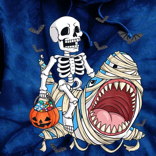 Skeleton Riding Mummy Shark Funny Halloween Pumpkin Tie Dye Hoodie