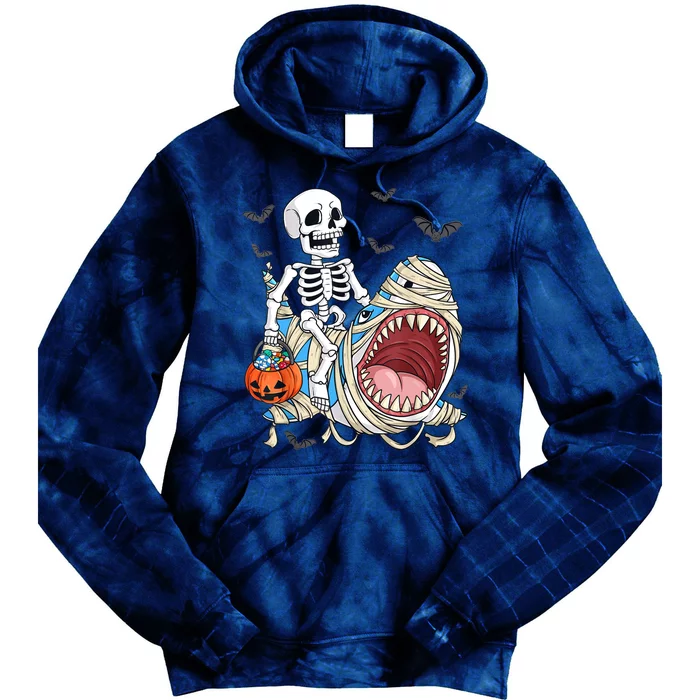 Skeleton Riding Mummy Shark Funny Halloween Pumpkin Tie Dye Hoodie