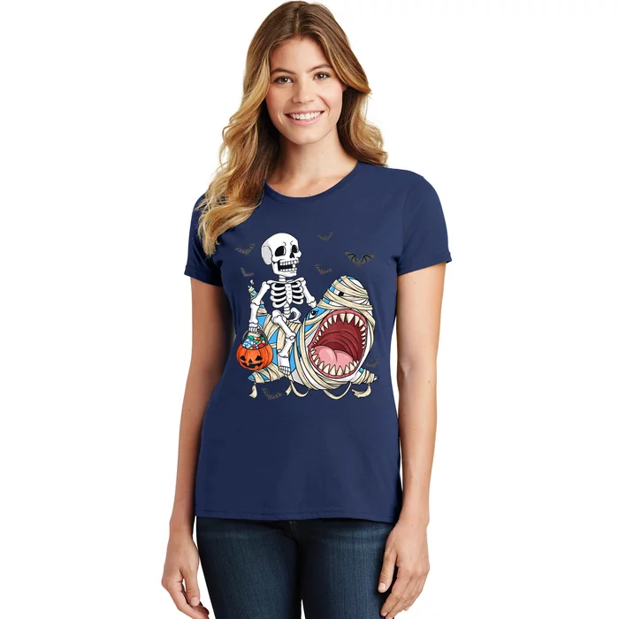 Skeleton Riding Mummy Shark Funny Halloween Pumpkin Women's T-Shirt