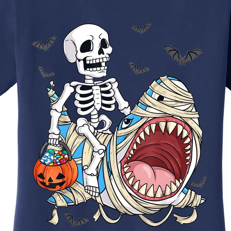 Skeleton Riding Mummy Shark Funny Halloween Pumpkin Women's T-Shirt