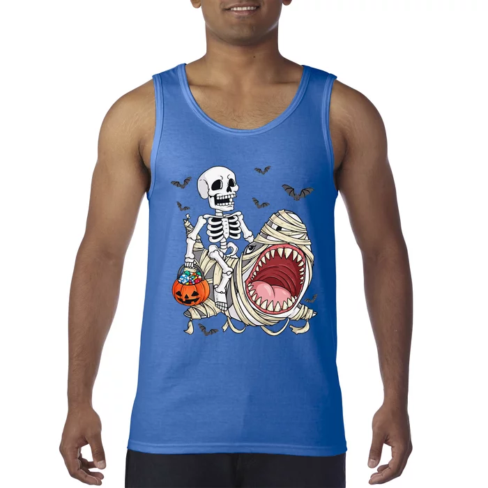 Skeleton Riding Mummy Shark Funny Halloween Pumpkin Tank Top