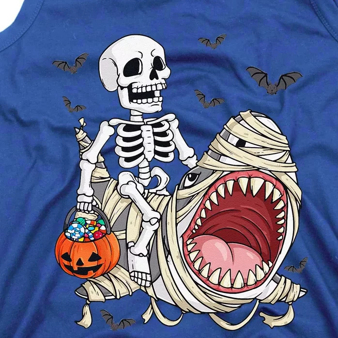 Skeleton Riding Mummy Shark Funny Halloween Pumpkin Tank Top