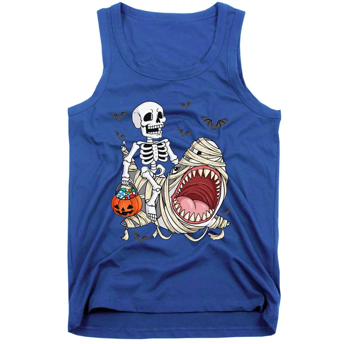 Skeleton Riding Mummy Shark Funny Halloween Pumpkin Tank Top