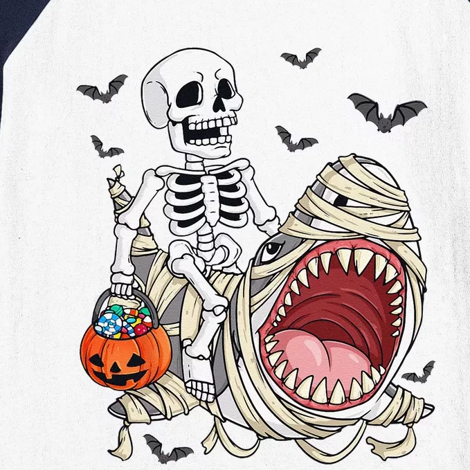 Skeleton Riding Mummy Shark Funny Halloween Pumpkin Baseball Sleeve Shirt