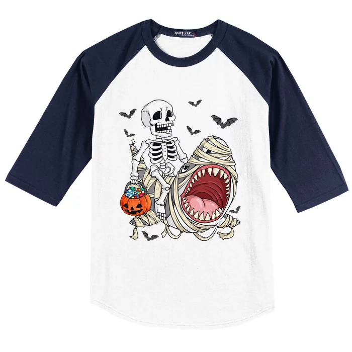 Skeleton Riding Mummy Shark Funny Halloween Pumpkin Baseball Sleeve Shirt