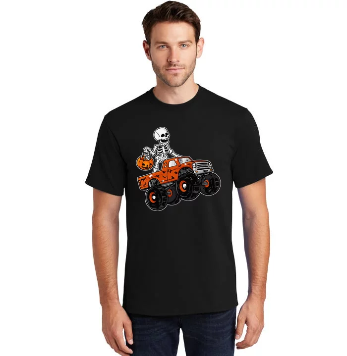 Skeleton Riding Monster Truck Lazy Halloween Costume Pumpkin Tall T-Shirt