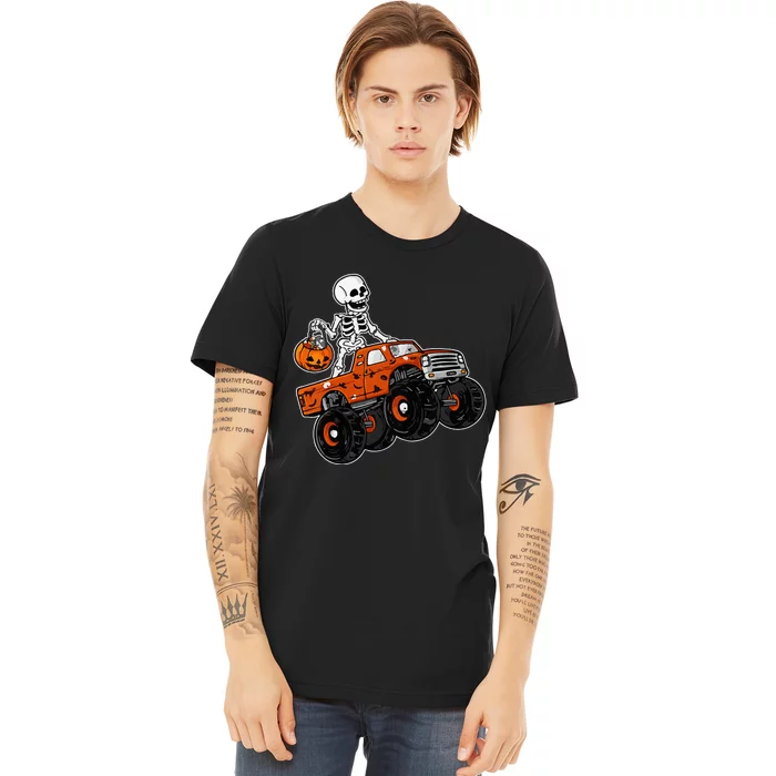 Skeleton Riding Monster Truck Lazy Halloween Costume Pumpkin Premium T-Shirt