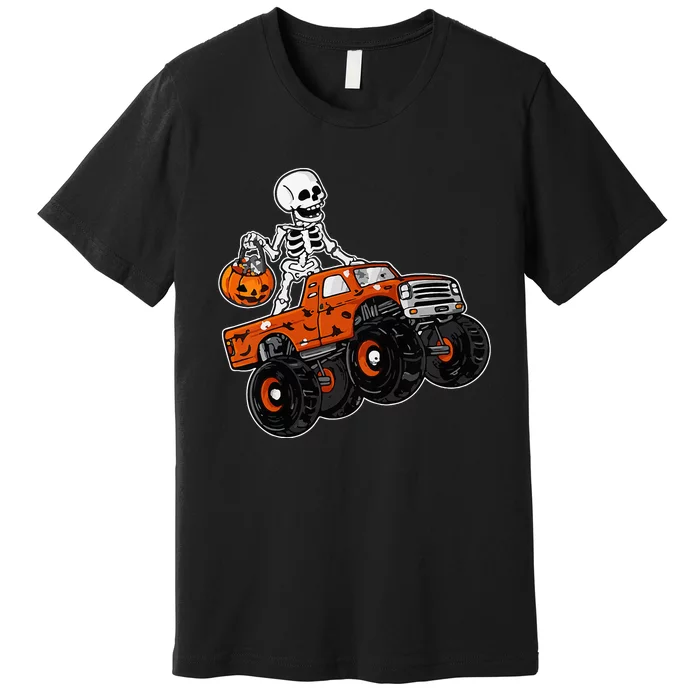 Skeleton Riding Monster Truck Lazy Halloween Costume Pumpkin Premium T-Shirt