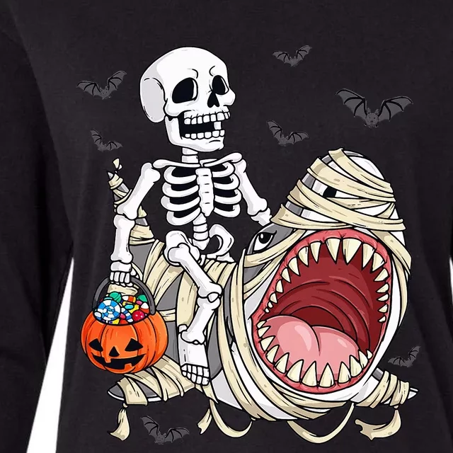 Skeleton Riding Mummy Shark Womens Cotton Relaxed Long Sleeve T-Shirt