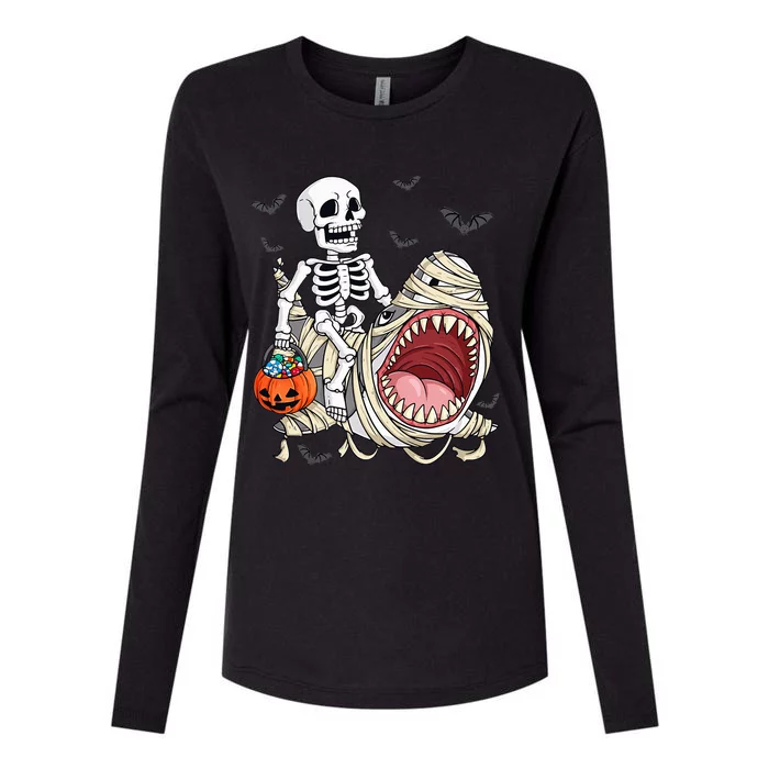 Skeleton Riding Mummy Shark Womens Cotton Relaxed Long Sleeve T-Shirt