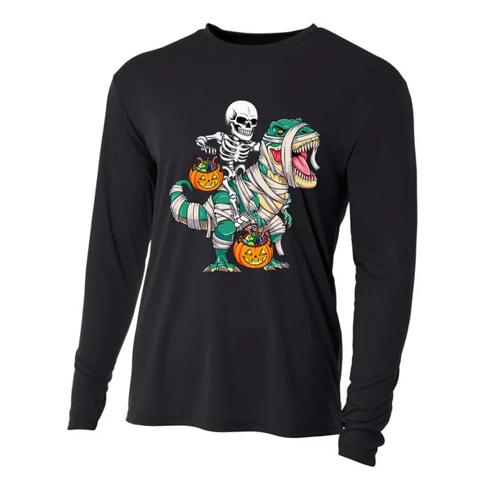 Skeleton Riding Mummy Dinosaur T Rex Kids Funny Halloween Cooling Performance Long Sleeve Crew