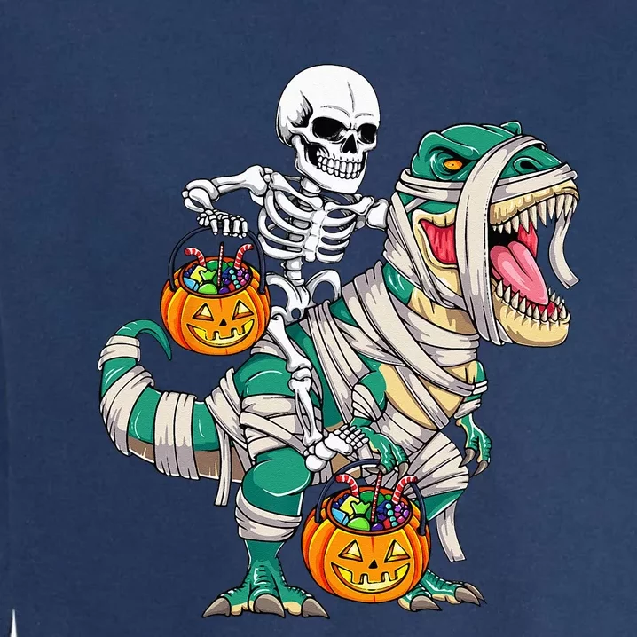 Skeleton Riding Mummy Dinosaur T Rex Kids Funny Halloween Garment-Dyed Sweatshirt