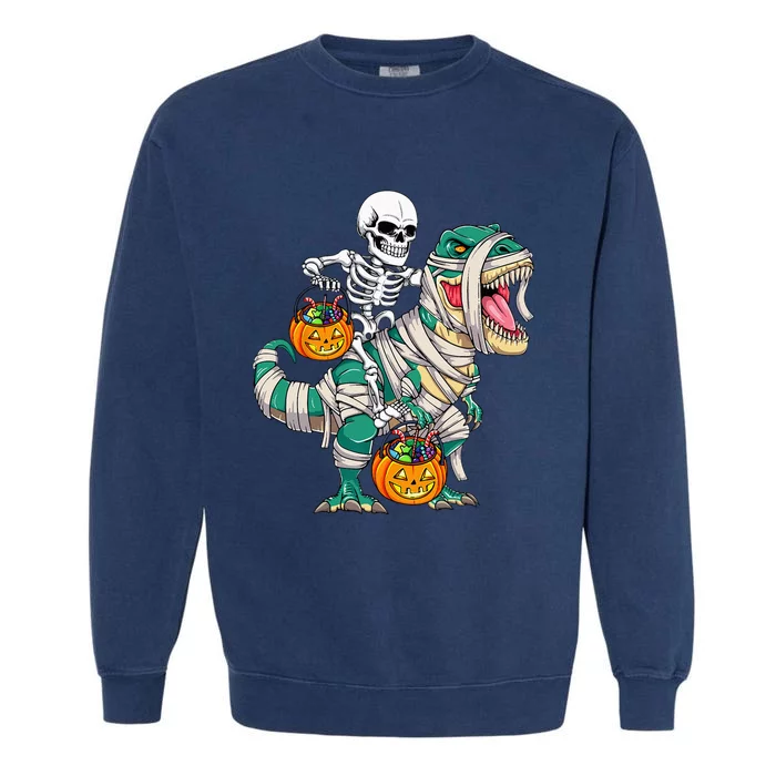 Skeleton Riding Mummy Dinosaur T Rex Kids Funny Halloween Garment-Dyed Sweatshirt