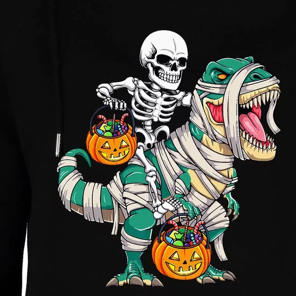 Skeleton Riding Mummy Dinosaur T Rex Kids Funny Halloween Womens Funnel Neck Pullover Hood