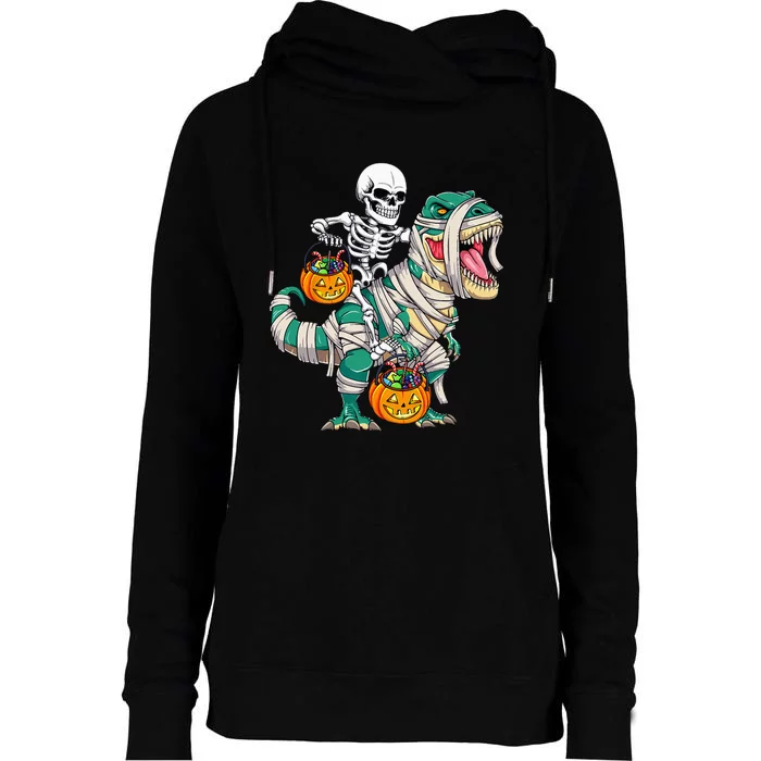 Skeleton Riding Mummy Dinosaur T Rex Kids Funny Halloween Womens Funnel Neck Pullover Hood