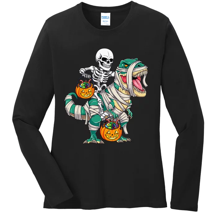 Skeleton Riding Mummy Dinosaur T Rex Kids Funny Halloween Ladies Long Sleeve Shirt