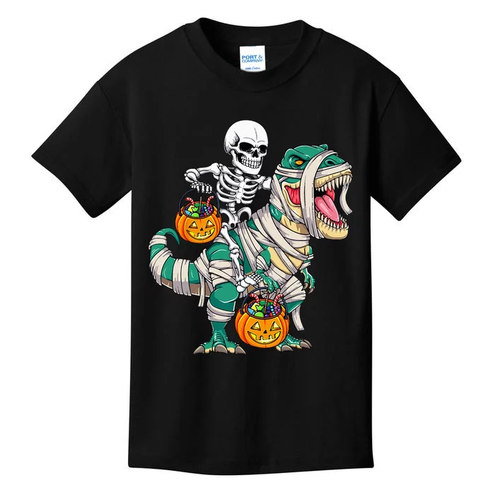 Skeleton Riding Mummy Dinosaur T Rex Kids Funny Halloween Kids T-Shirt